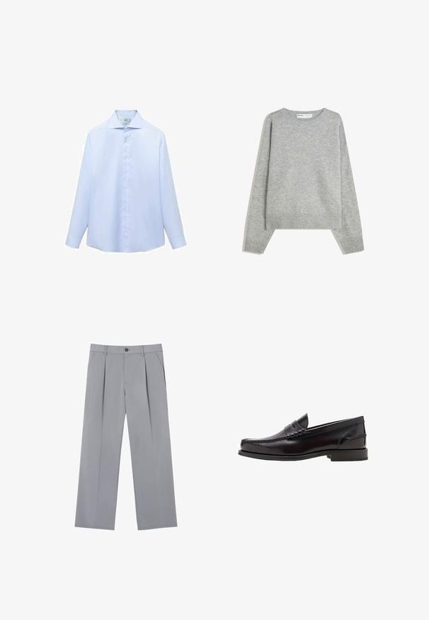 Grå strikket sweater med rund halsudskæring, ribbede manchetter og kant, med en afslappet pasform og blød tekstur.; Lys blå langærmet skjorte i et glat stof, med en spids krave og en fuld knaplukning med hvide knapper. Ingen mønstre eller detaljer.; Grå plisserede bukser med en afslappet pasform, lavet af et letvægtsstof. Har forlommer og en knaplukning i taljen.; Sorte læderloafer med glat finish, syningsdetaljer på overdelen og en lavprofileret gummisål.