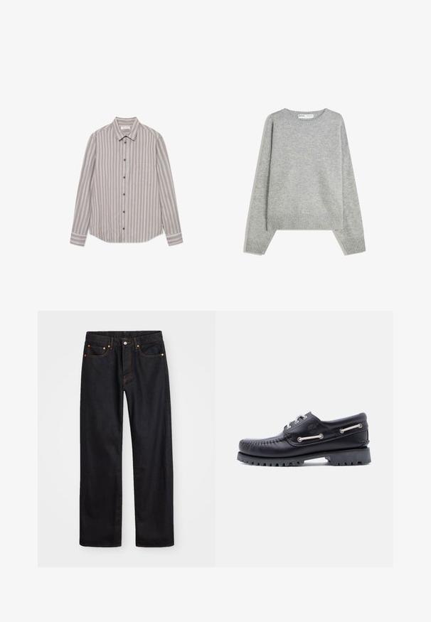 Pull en tricot gris avec un col rond, des poignets et un ourlet côtelés, offrant une coupe décontractée et une texture douce.; Chemise à rayures à manches longues dans des tons beiges et gris, fabriquée en tissu texturé. Elle présente un col classique, une fermeture à boutons à l'avant et une poche poitrine.; Jean en denim noir pour hommes, coupe droite, avec cinq poches et surpiqûres orange, fermeture par bouton et zip à la taille avant.; Chaussure bateau en cuir noir avec détails cousus, semelle en caoutchouc antidérapante et œillets métalliques avec lacets blancs. Logo accentué sur le côté.