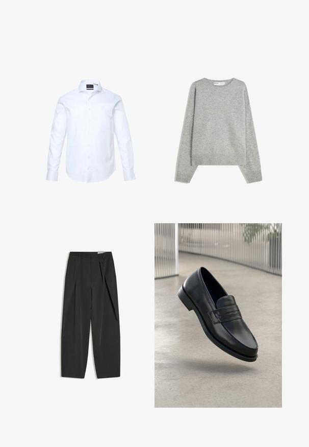 Grå strikket sweater med rund halsudskæring, ribbede manchetter og kant, med en afslappet pasform og blød tekstur.; Hvid langærmet skjorte lavet af glat stof, med knaplukning foran, spids krave og diskret "JP" broderi på brystet.; Sorte sorte bukser med høj talje, skræddersyede med læg, bæltestropper og lige ben, vist fladt på en hvid baggrund.; Sort lædersko med glat tekstur, spids tå og en dekorativ rem over vristen. Letvægts sål, minimalistisk design.