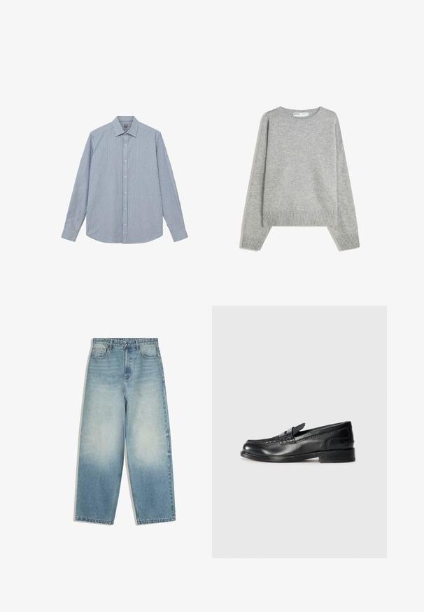 Grå strikket sweater med rund halsudskæring, ribbede manchetter og kant, med en afslappet pasform og blød tekstur.; Mos Mosh Gallery Skjorter - light blue; Lyseblå high-waist vidbenede jeans med falmet vask, frontknaplukning og fem-lomme design.; Sort læder loafersko med syninger langs oversiden og et dekorativt bånd. Har en lav stabelhæl og en glat finish.