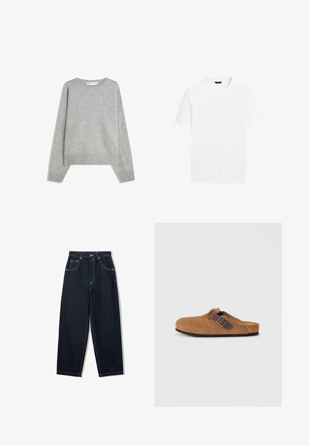 Grå strikket sweater med rund halsudskæring, ribbede manchetter og kant, med en afslappet pasform og blød tekstur.; Hvid bomulds t-shirt med rund hals, korte ærmer og lige skæring. Har en glat, let tekstur og ingen synlige mønstre.; Mørke indigo straight-leg jeans med hvide kontrastsømme, fem-lomme-design og metalknaplukning ved taljen.; Brune ruskindsklogs med en justerbar brun læderrem og sølv spænde, der har en formet korkfodbed og en tekstureret gummi sål.