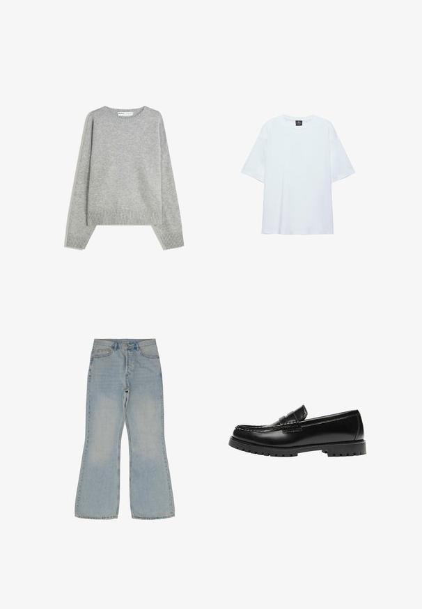 Grå strikket sweater med rund halsudskæring, ribbede manchetter og kant, med en afslappet pasform og blød tekstur.; Hvid, oversized T-shirt med korte ærmer og rund halsudskæring, med en sort etiket inde i kraven på en hvid baggrund.; Lyseblå, bredde jeans lavet af denim. Har fem lommer, en knaplukning og kontrastsying langs sømmene.; Sort læderloafer med en kraftig gummisål og klassiske penny-strap detaljer, vist fra ydersiden.