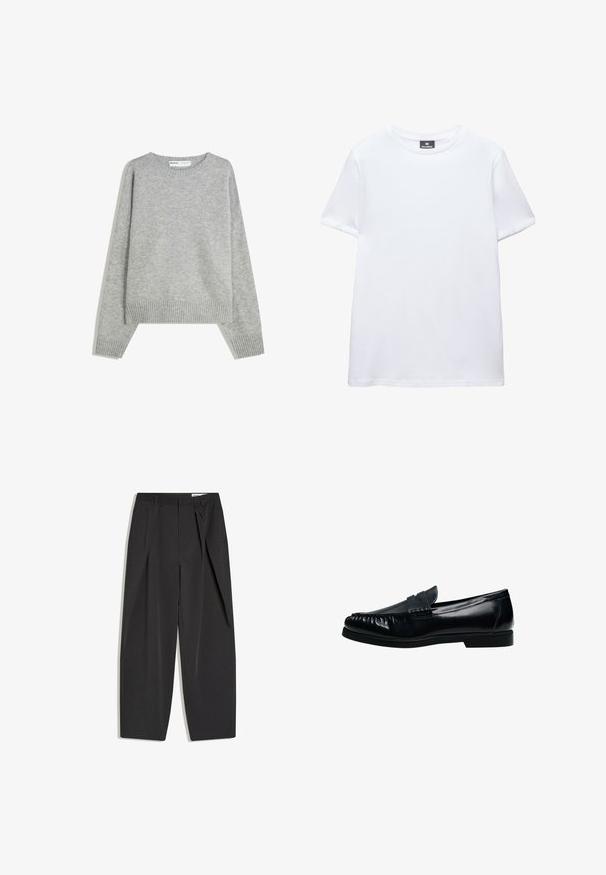 Grauer Strickpullover mit Rundhalsausschnitt, Rippbündchen und -saum, mit entspannter Passform und weichem Material.; Schlichtes weißes kurzärmeliges Baumwoll-T-Shirt mit Rundhalsausschnitt und schwarzem Pull&Bear Markenlabel innen am Kragen.; Schwarze, maßgeschneiderte, hoch taillierte Hose mit Bügelfalten, Gürtelschlaufen und geradem Bein, flach auf weißem Hintergrund dargestellt.; Schwarzer Herren-Pennyloafer aus Leder mit genähter Mokassinnaht und niedrigem Absatz, seitlich auf weißem Hintergrund dargestellt.