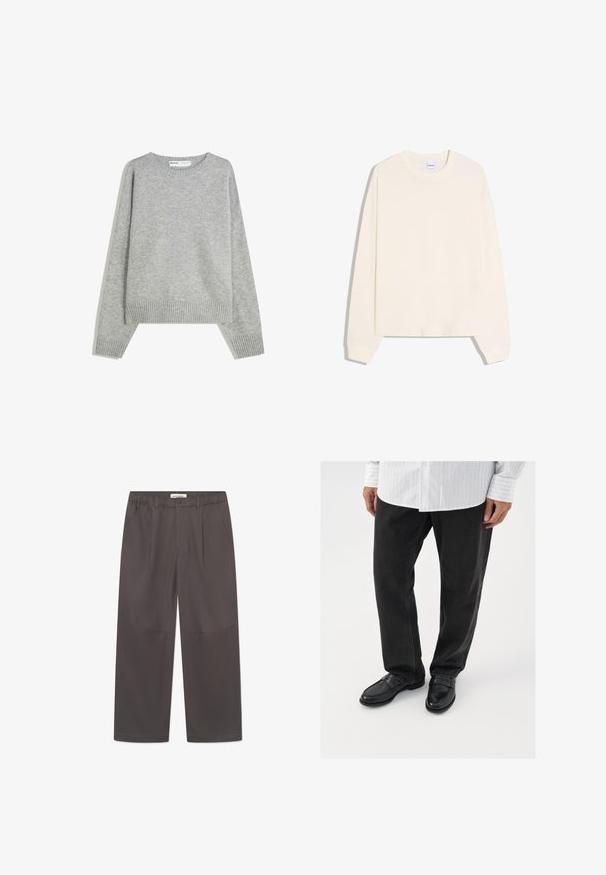Grauer Strickpullover mit Rundhalsausschnitt, Rippbündchen und -saum, mit entspannter Passform und weichem Material.; Langärmeliges Sweatshirt in Cremefarbe mit rundem Ausschnitt, gerippten Bündchen und leicht verkürztem Saum. Hergestellt aus weichem Baumwollmaterial.; Graue, weite Hosen aus glattem Stoff, mit einem Knopfverschluss und zwei seitlichen Taschen. Einfaches, klares Design ohne sichtbare Muster.; Schwarze Jeans kombiniert mit glänzenden schwarzen Slippern. Das Hemd ist weiß mit dünnen vertikalen Streifen, hat lange Ärmel und einen geknöpften Kragen.