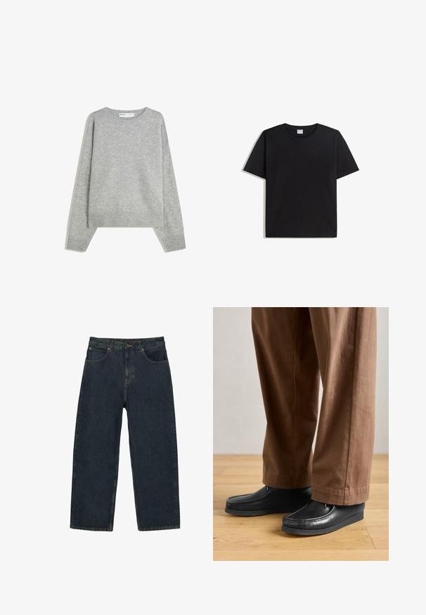 Grijze gebreide trui met een ronde halslijn, geribbelde manchetten en zoom, met een relaxed fit en een zachte textuur.; Zwart T-shirt met ronde hals, gemaakt van katoen met korte mouwen. Heeft een losse pasvorm en geen patronen of accenten, wat zorgt voor een gladde textuur.; Donkerblauwe high-waist recht-van-boven spijkerbroeken met voorzakken, knoopsluiting en zichtbare stiksels.; Zwarte leren schoenen met een mocassinstijl en steekdetails, gecombineerd met een paarse broek, op een houten vloer.