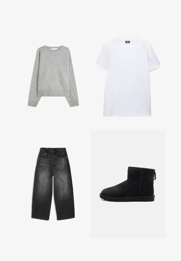 Grå strikket sweater med rund halsudskæring, ribbede manchetter og kant, med en afslappet pasform og blød tekstur.; Simpel hvid t-shirt med korte ærmer og rund halsudskæring med en sort Pull&Bear mærkat indeni kraven, vist på en hvid baggrund.; Sortvaskede denimbukser med vide ben, for- og baglommer, bæltestropper og en knaplukning i taljen.; Sort ruskind ankelstøvle med rund tå, minimale syninger, pull-tab og en tekstureret gummisål. Designet til varme og komfort.