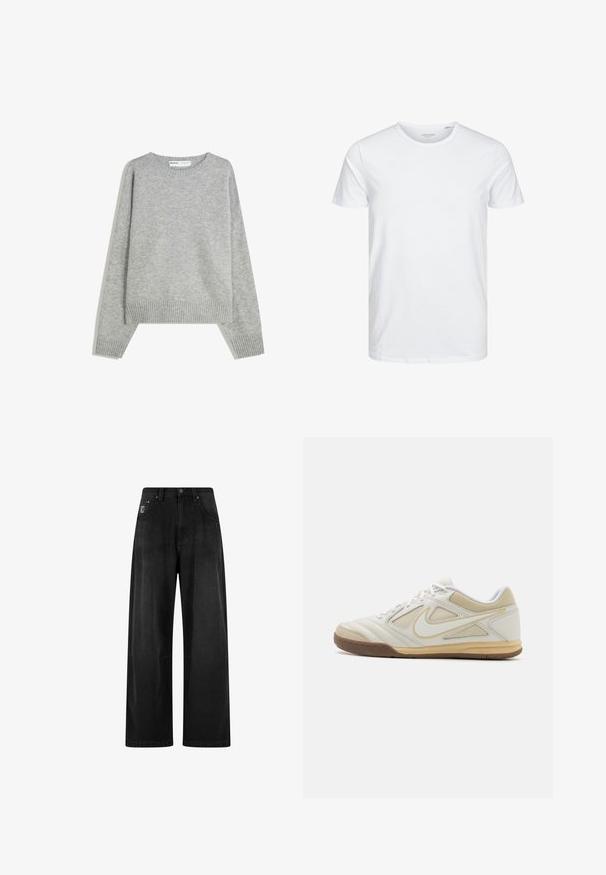 Grå strikket sweater med rund halsudskæring, ribbede manchetter og kant, med en afslappet pasform og blød tekstur.; Rundhals kortærmet t-shirt i ensfarvet hvid, lavet af blød bomuld, har et simpelt design uden synlige mønstre eller detaljer.; Bredde ben sorte denim bukser med høj talje, der har fire lommer og et lille logo-tag på forsiden. Glat tekstur, enkel design.; Hvid atletisk sko med en struktureret overdel, grå accenter, snørebånd og en tan gummisål. Har et karakteristisk logo på siden.