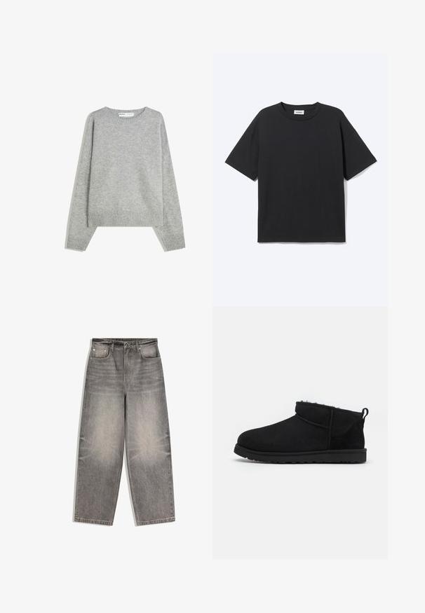 Grauer Strickpullover mit Rundhalsausschnitt, Rippbündchen und -saum, mit entspannter Passform und weichem Material.; Schwarzes T-Shirt mit kurzen Ärmeln und Rundhalsausschnitt in lockerer Passform, Vorderansicht, schlichtes Design und sichtbares Weekday-Label im Krageninneren.; Hoch taillierte graue Jeans aus Denim mit weitem Bein, vorderer Knopf- und Reißverschluss, Gürtelschlaufen und Fünf-Taschen-Design.; Schwarze Wildleder-Stiefeletten mit einem weichen, strukturierten Innenfutter, einer flachen Gummisohle und einer Zugschlaufe auf der Rückseite für ein einfaches Anziehen.