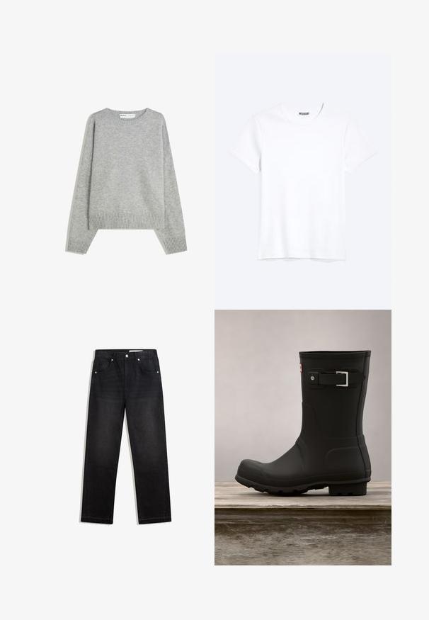 Grå strikket sweater med rund halsudskæring, ribbede manchetter og kant, med en afslappet pasform og blød tekstur.; Enkelt hvid T-shirt med korte ærmer og rund hals med synligt WEEKDAY-mærke i kraven, vist på en lys baggrund.; Sorte straight-leg denimjeans med fem lommer og høj talje, vist fladt på en hvid baggrund.; Sorte gummistøvler med lav hæl, rund tå og en sølv spændeaccent. Har en tekstureret sål for godt fodfæste.