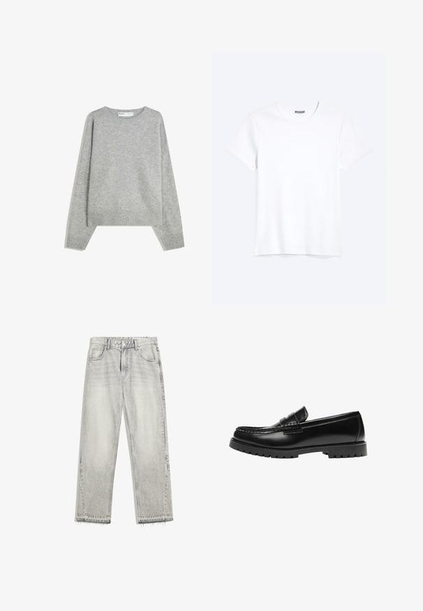Grauer Strickpullover mit Rundhalsausschnitt, Rippbündchen und -saum, mit entspannter Passform und weichem Material.; Schlichtes weißes T-Shirt mit kurzen Ärmeln und Rundhalsausschnitt mit gut sichtbarem WEEKDAY-Label am Kragen, dargestellt auf hellem Hintergrund.; Hellgraue Jeans aus Denim mit leicht gefärbtem Finish, geradem Schnitt, fünf Taschen-Design und ausgefranstem Saum. Flacher Bund mit Gürtelschlaufen.; Schwarzer Leder-Slipper mit dicker Gummisohle und klassischem Penny-Detail an der Riemen, von der Außenseite gezeigt.