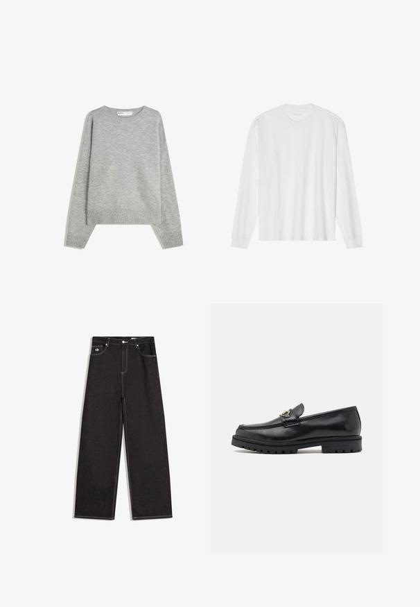 Grå strikket sweater med rund halsudskæring, ribbede manchetter og kant, med en afslappet pasform og blød tekstur.; Hvid, langærmet t-shirt i bomuld med rund hals, med ribbede ærmeafslutninger og en lige kant, glat tekstur og minimalistisk design.; Sorte viddebukser i jeansstof med kontrastfuld hvid syning, knaplukning, bæltestropper og design med fem lommer inklusive en lille logopatch på forlommen.; Sorte læder loafers med en glat finish, rund tå, en dekorativ rem med guldhardware og en robust sort sål.