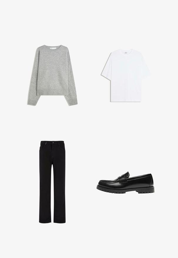 Grå strikket sweater med rund halsudskæring, ribbede manchetter og kant, med en afslappet pasform og blød tekstur.; Hvid oversized bomulds t-shirt med rund hals og korte ærmer; glat tekstur, uden synlige mønstre eller accenter.; Sorte denimbukser med lige ben design, der har en knaplukning, bælteløjfer og forlommer. Glat tekstur og ensartet farve.; Sort læderloafer med en kraftig gummisål og klassiske penny-strap detaljer, vist fra ydersiden.