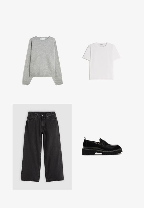 Pull en tricot gris avec un col rond, des poignets et un ourlet côtelés, offrant une coupe décontractée et une texture douce.; T-shirt en coton blanc avec un col rond et des manches courtes. Présente une coupe classique et carrée, sans motifs ni accents visibles.; Jean en denim noir à jambes larges avec poches avant, passants pour ceinture et fermeture par boutons, présenté sur un fond clair uni.; Chaussure slip-on en cuir noir avec un bout arrondi, semelle texturée épaisse, coutures décoratives et un petit talon. Présente une tirette à l'arrière.