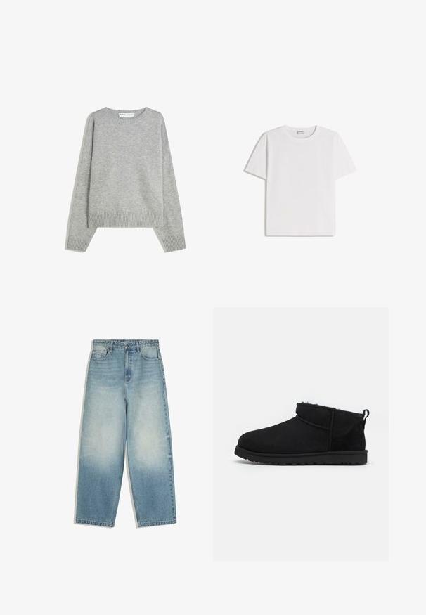 Grijze gebreide trui met een ronde halslijn, geribbelde manchetten en zoom, met een relaxed fit en een zachte textuur.; Wit katoenen T-shirt met een ronde hals en korte mouwen. Heeft een klassieke, rechte pasvorm zonder zichtbare patronen of accenten.; Lichtblauwe jeans met hoge taille en brede pijpen, met een verweerde wassing, sluiting met knopen aan de voorkant en ontwerp met vijf zakken.; Zwarte suède enkellaarsjes met een zachte, gestructureerde voering, een lage rubberen zool en een lus aan de achterkant voor gemakkelijk aantrekken.
