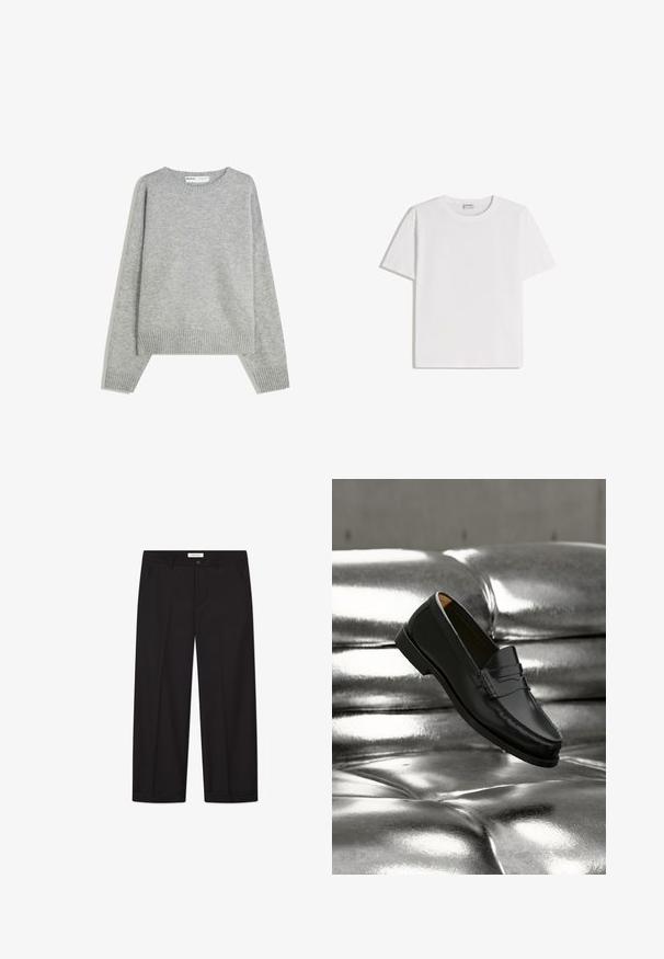 Pull en tricot gris avec un col rond, des poignets et un ourlet côtelés, offrant une coupe décontractée et une texture douce.; T-shirt en coton blanc avec un col rond et des manches courtes. Présente une coupe classique et carrée, sans motifs ni accents visibles.; Pantalons larges noirs en tissu lisse. Comprend une fermeture avec bouton et zip, deux poches avant et une finition ourlée nette.; Mocassin en cuir noir flottant au-dessus d'un canapé en cuir argenté brillant matelassé à boutons dans un décor minimaliste.