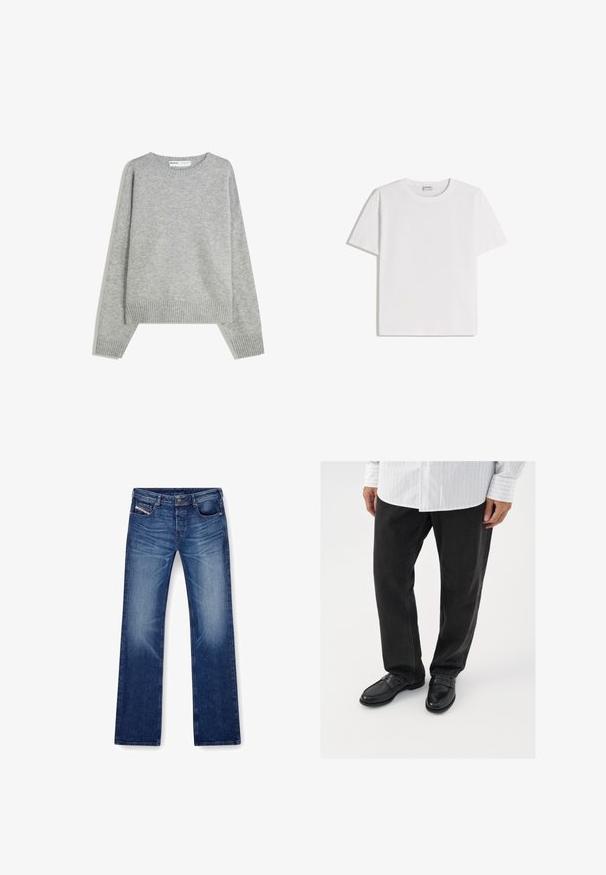 Grauer Strickpullover mit Rundhalsausschnitt, Rippbündchen und -saum, mit entspannter Passform und weichem Material.; Weißes Baumwoll-T-Shirt mit Rundhalsausschnitt und kurzen Ärmeln. Klassische, kastige Form ohne sichtbare Muster oder Verzierungen.; Blaue Jeans aus Denim mit geradem Bein, fünf Taschen und passendem Stich. Der Stoff hat eine glatte Textur mit leichter Ausbleichung.; Schwarze Jeans kombiniert mit glänzenden schwarzen Slippern. Das Hemd ist weiß mit dünnen vertikalen Streifen, hat lange Ärmel und einen geknöpften Kragen.