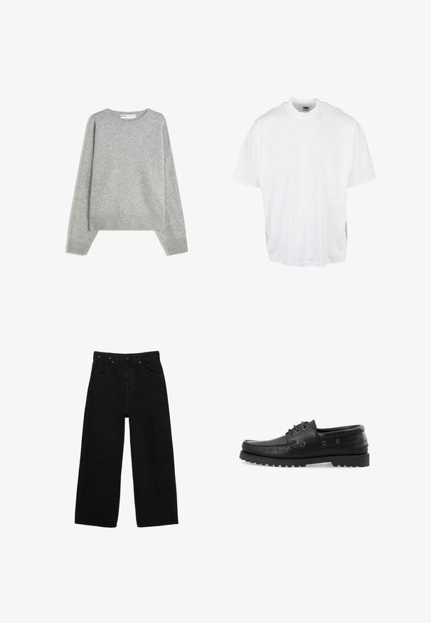 Grå strikket sweater med rund halsudskæring, ribbede manchetter og kant, med en afslappet pasform og blød tekstur.; Hvid bomulds T-shirt med en afslappet pasform, korte ærmer og rund halsudskæring, med en lige kant og ingen synlige grafikker eller mønstre.; Sorte vidde-ben denimjeans med knaplukning foran, lynlås, bæltestropper og klassisk styling med fem lommer.; Sorte læder bådsko med tekstureret overflade, snørebåndsdesign, gummisål med trækkraft og metaløjer på siderne.