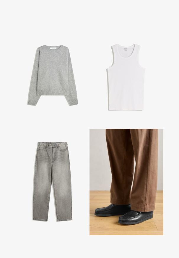 Pull en tricot gris avec un col rond, des poignets et un ourlet côtelés, offrant une coupe décontractée et une texture douce.; Débardeur blanc en coton avec un col rond et de larges bretelles. Texture lisse, sans motifs ni accents, design simple.; Pantalons en denim gris avec une coupe droite, dotés de poches avant, d'une fermeture à bouton et d'une texture légèrement décolorée.; Chaussures en cuir noir au design mocassin avec des détails de couture, accompagnées de pantalons bruns, sur un sol en bois.