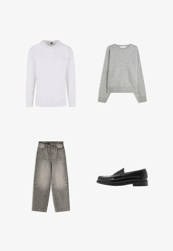 Grå strikket sweater med rund halsudskæring, ribbede manchetter og kant, med en afslappet pasform og blød tekstur.; Langærmet t-shirt med rund hals i hvidt bomuldsstof. Glat tekstur med et enkelt design uden synlige mønstre eller accenter.; Grå denimjeans med vide ben, frontknap, lynlåslukning, bæltestropper og fem-lomme design lagt fladt på en hvid baggrund.; Sort læder penny loafer med syninger på moc-tåen, lav hæl og glat poleret finish, vist fra siden på en hvid baggrund.