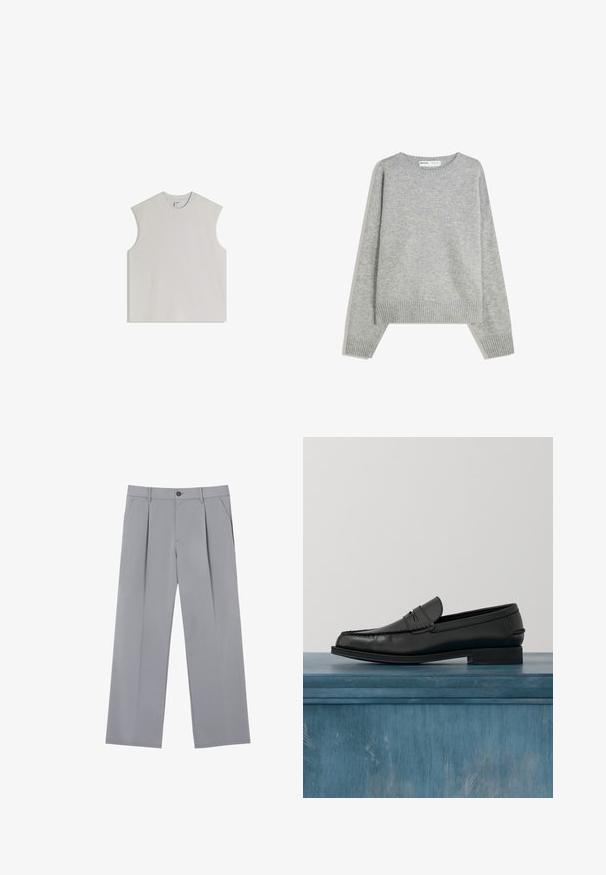 Pull en tricot gris avec un col rond, des poignets et un ourlet côtelés, offrant une coupe décontractée et une texture douce.; Débardeur sans manches gris clair en coton doux, doté d'un col rond, d'une coupe décontractée et d'un design minimaliste sans ornements.; Pantalons plissés gris à coupe décontractée, en tissu léger. Comprend des poches avant et une fermeture à bouton à la taille.; Mocassins noirs en cuir avec un design élégant, comportant un bout cousu et une finition lisse. La chaussure possède un talon bas et un minimum de détails.