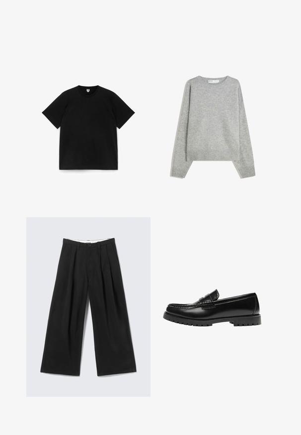 Pull en tricot gris avec un col rond, des poignets et un ourlet côtelés, offrant une coupe décontractée et une texture douce.; T-shirt noir en coton à manches courtes et col rond, posé à plat sur un fond blanc.; Pantalon noir à jambes larges avec plis, passants pour ceinture et fermeture par bouton, présenté sur un fond gris clair.; Mocassin en cuir noir avec une semelle en caoutchouc épaisse et un détail classique de bride à monnaie, vu de côté extérieur.