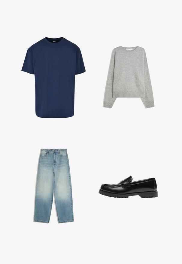 Pull en tricot gris avec un col rond, des poignets et un ourlet côtelés, offrant une coupe décontractée et une texture douce.; T-shirt en coton bleu marine avec un col rond et des manches courtes. Texture lisse et coupe décontractée, idéal pour un style décontracté.; Jean denim bleu clair à jambes larges avec poches avant, fermeture par bouton, et effet délavé sur les cuisses et les genoux.; Mocassin en cuir noir avec une semelle en caoutchouc épaisse et un détail classique de bride à monnaie, vu de côté extérieur.