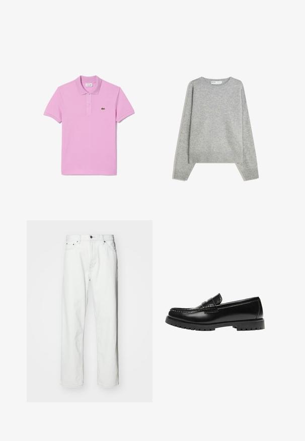 Grijze gebreide trui met een ronde halslijn, geribbelde manchetten en zoom, met een relaxed fit en een zachte textuur.; Roze polo shirt gemaakt van katoen met een kraag, korte mouwen, een knoopsluiting met drie knopen en het Lacoste krokodillenlogo op de linkerkant van de borst.; Witte denim jeans met een rechte snit, vijf-pocket ontwerp, knoopsluiting en subtiele stikseldetails. Gladde textuur en minimalistische stijl.; Zwarte leren loafer met een dikke rubberen zool en klassieke penny-strap details, gezien vanaf de buitenkant.