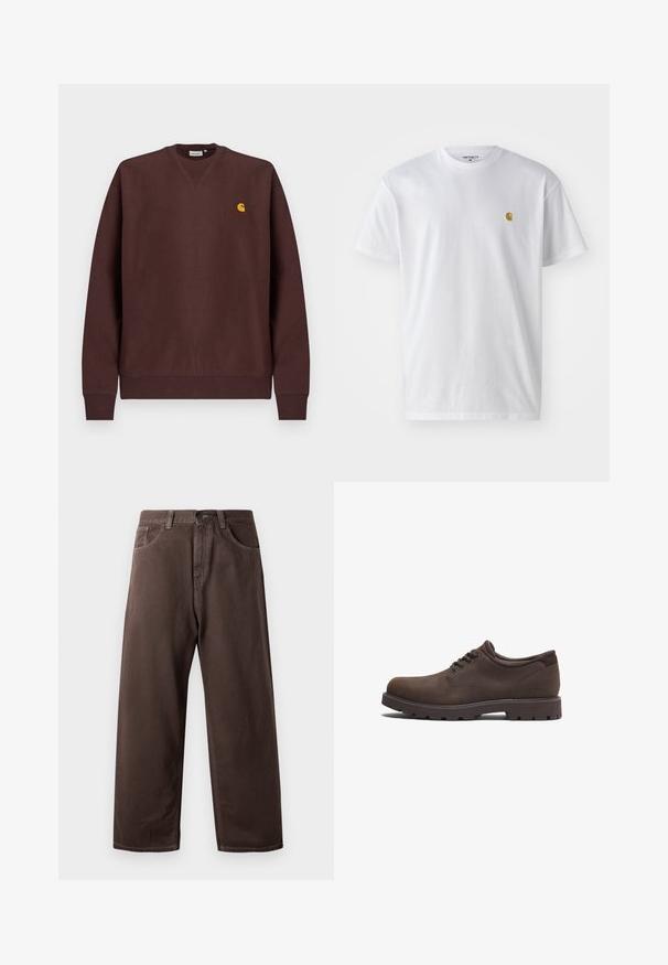 Bruine sweater van katoen met een ronde hals, geribbelde manchetten en een klein geel logo op de borst. Gladde textuur, ontspannen pasvorm.; Witte katoenen t-shirt met korte mouwen en ronde hals, voorzien van een klein gouden logo op de linkerkant van de borst. Zachte textuur en een normale pasvorm.; Bruine wijde broek van katoen, met een klassiek vijf-pocketdesign, een ritsgulp en zichtbare stikseldetails.; Bruine leren schoenen met een ronde neus en vetersluiting. Voorzien van een gestructureerd oppervlak en een rubberen zool met hoge grip. Subtiel logo aan de zijkant.