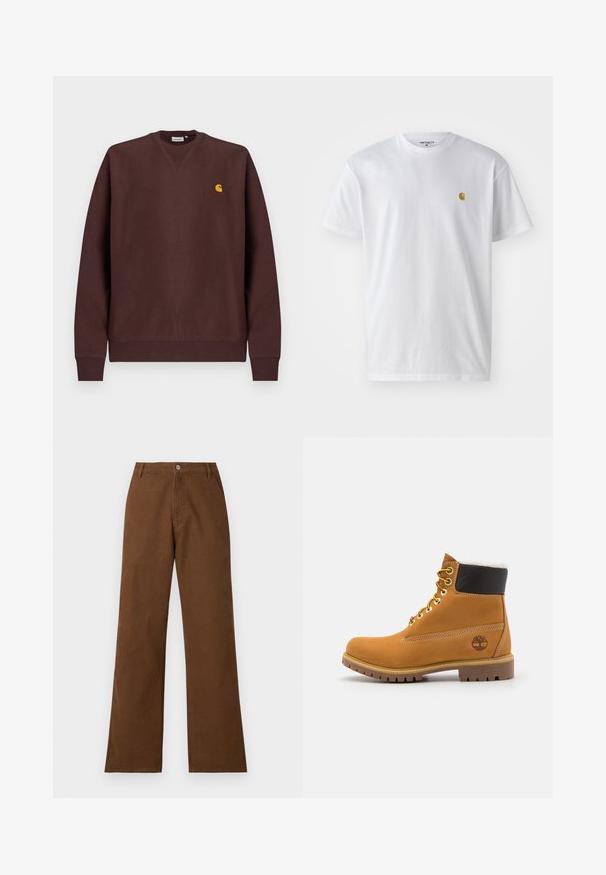 Braunes Sweatshirt aus Baumwolle mit Rundhalsausschnitt, gerippten Bündchen und kleinem gelbem Logo auf der Brust. Glatte Textur, lockere Passform.; Weißes Baumwoll-T-Shirt mit kurzen Ärmeln, Rundhalsausschnitt, mit einem kleinen goldenen Logo im linken Brustbereich. Weicher Stoff und normale Passform.; Braune Baumwollhosen mit gerader Beinform, Knopfverschluss und zwei Vorderaschen. Glatte Textur ohne sichtbare Muster oder Verzierungen.; Braune Leder-Ankle-Boots mit Metallösen, weißem Kunstfellfutter, schwarzem gepolstertem Kragen, robustem Sohlenprofil und geprägtem Logo an der Seite.