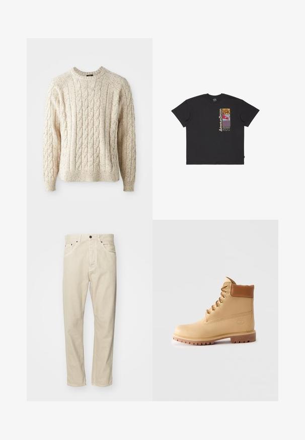 Pull en tricot torsadé couleur crème avec un col rond, un motif texturé et des poignets et un ourlet côtelés. Fait en fil doux et épais.; T-shirt en coton noir avec un imprimé graphique en jaune, rouge et bleu, portant le texte "Adventure Division" sur le côté gauche.; Pantalons en coton beige avec une coupe droite, cinq poches et des accents en métal. Texture lisse avec des détails de couture minimaux.; Bottes ankle en cuir marron clair avec col rembourré, œillets dorés, lacets tan et semelle crantée épaisse sur fond clair.