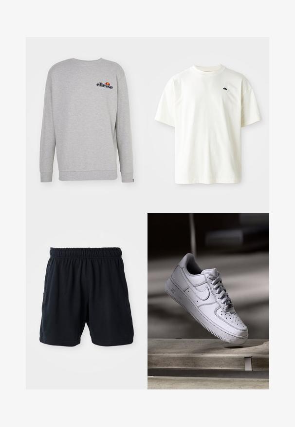 Hall uutre sweatshirt pehmest kangast, millel on pikad varrukad, ümar kaelus ja rinnal väike tikandiga logo.; Lühikeste varrukatega, ümarate kaeluste T-särk heledast kreemist värvitoonis, valmistatud puuvillast. Vasakul rinnal on väike tumesinine logo. Silet ja mugav istuvus.; Mustad mustad spordilühikesed püksid, mis on valmistatud pehmest kangast, elastse vöökoha ja kahe küljetaskuga mugavuse nimel.; Valge nahast Nike Air Force 1 tennisejalanõu, millel on perforatsiooniga varvas, lamedad paelad ja tekstureeritud kummist tallaga, millel on küljele märgitud "AIR".