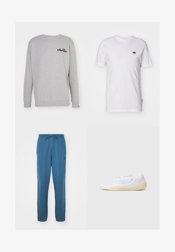 Hall uutre sweatshirt pehmest kangast, millel on pikad varrukad, ümar kaelus ja rinnal väike tikandiga logo.; Lihtne valge lühikeste varrukatega T-särk, millel on ülemisel vasakul rinnal väike punane ja oranž poolringikujuline logo.; Sinine puuvillane dressipükste komplekt elastse vöökoha ja reguleeritava tõmbluku südamikuga. Vasakul jalal on väike logo, pahkluudes kitsenevad varrukad.; Valged sportlikud tossud, millel on lihtne disain, võrkmaterjal ja nahk, kumer kuju ning kummist põhi minimaalsete aksessuaaridega.