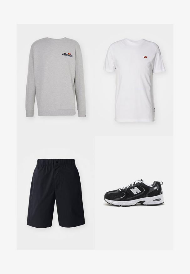 Grå sweatshirt lavet af blødt stof, med lange ærmer, rund hals og et lille broderet logo på brystet.; Enkelt hvid t-shirt med korte ærmer med et lille rødt og orange halvcirkel-logo på øverste venstre brystområde.; Sorte shorts lavet af letvægtsstof, med flad front, elastisk talje og sidelommer. Enkel design uden mønstre.; Sorte og grå sportssko med mesh og ruskind på overdelen, der har en hvid mellemsål, snørebånd og et iøjnefaldende "N" logo på siden.