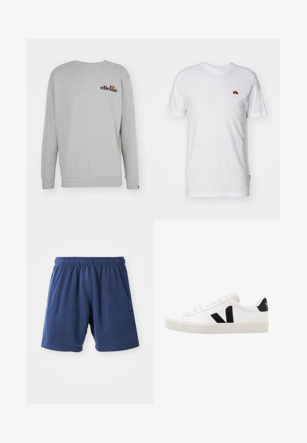 Grauer Pullover aus weichem Stoff, mit langen Ärmeln, Rundhalsausschnitt und einem kleinen gestickten Logo auf der Brust.; Schlichtes weißes kurzärmeliges T-Shirt mit kleinem rot-orangefarbenem Halbkreis-Logo im oberen linken Brustbereich.; Marineblaue Shorts aus weichstem Baumwollmix, mit einem elastischen Bund, seitlichen Taschen und geradem Schnitt. Ideal für Freizeitmode.; Weiße Leder-Sneaker mit schwarzen Wildlederelementen; verfügen über eine Gummisohle, eine runde Spitze und ein klassisches Schnürdesign. Seitliches Logo in Schwarz.
