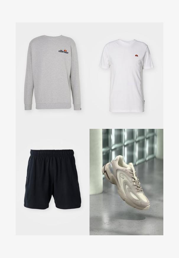 Grå sweatshirt lavet af blødt stof, med lange ærmer, rund hals og et lille broderet logo på brystet.; Hvid bomulds t-shirt med korte ærmer og rund halsudskæring. Har et lille farverigt logo på venstre brystområde. Blød tekstur.; Sorte sportsshorts lavet af blød stof, med elastisk talje og to sidelommer for bekvemmelighed.; Lysebeige sneaker med et elegant design, teksturerede overlays, en polstret sål og en gennemsigtig sektion på siden.