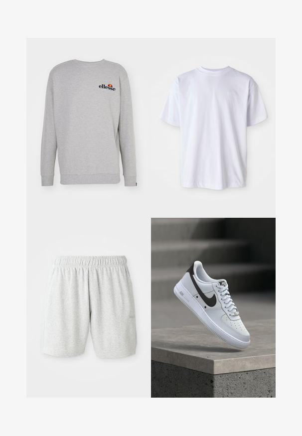 Grå sweatshirt lavet af blødt stof, med lange ærmer, rund hals og et lille broderet logo på brystet.; Hvid bomulds T-shirt med rund hals og korte ærmer. Har et diskret logo broderet i matchende farve på venstre bryst.; Grå bomuldsbukser med elastisk talje, der har en glat tekstur og sidelommer. Diskret logodetalje ved kanten.; Hvid Nike Air Force 1 sneaker med sort swoosh-logo, svævende over en betonforkant med slørede trapper i baggrunden.