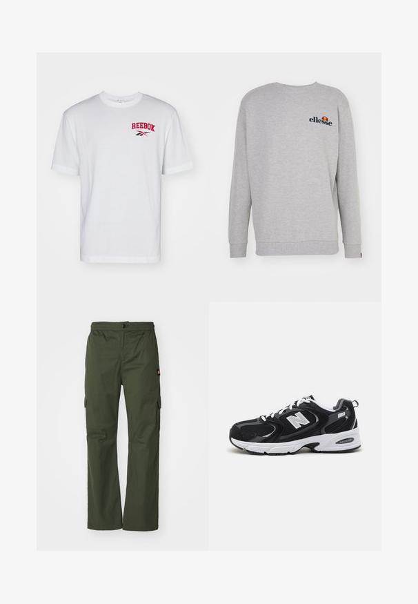 Hall uutre sweatshirt pehmest kangast, millel on pikad varrukad, ümar kaelus ja rinnal väike tikandiga logo.; Valge puuvillane T-särk ümmarguse kaelusega, millel on bold punane tekst "REEBOK" ja must logoaktsent vasakul küljel. Lühikesed varrukad.; Oliivroheline cargo püksid nup closure'iga, elastse vööümbrise ja küljetaskutega, valmistatud kergest kangast, millel on sile tekstuur.; Must värvi ja hallid spordijalatsid, mille ülemine osa on valmistatud võrgust ja nahast, valge vaheosaga, paeltega ja küljel julge "N" logo.