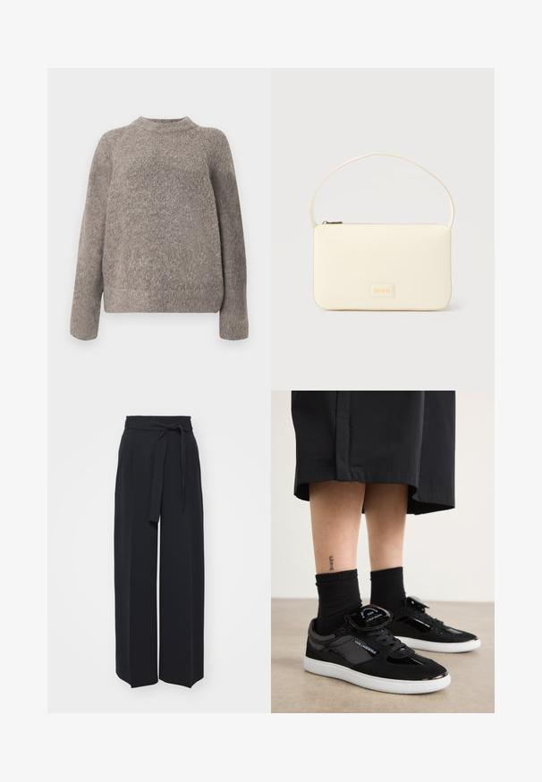 Grauer, strukturierter Pullover mit Rundhalsausschnitt und langen Ärmeln, der eine lockere Passform und weiches Strickmaterial aufweist. Keine sichtbaren Muster oder Akzente.; Schwarze weite Hosen aus weichem Stoff. Mit einem Gürteltäfelchen und vorderen Falten. Glatte Textur mit einem klaren, modernen Design.; Schwarze Sneaker aus Wildleder und lackiertem Leder, mit einer weißen Sohle, Schnürdesign und einem logobearbeiteten Zungenakzent.; Rechteckige Handtasche in Cremefarbe mit einem einzelnen Trageriemen und Reißverschluss oben, ausgestattet mit einer kleinen, geprägten Logoplakette vorne.