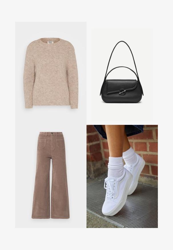 Pull en tricot beige avec un col rond, texture côtelée et manches longues. Fabriqué en matériau doux, présentant une coupe décontractée avec un minimum de détails.; Pantalons large en velours côtelé marron avec taille haute, dotés d'une fermeture à bouton, de deux poches arrière et d'une texture rayée verticale.; Baskets en toile blanches avec semelles en caoutchouc, dotées de six œillets, d'un bout rond et de détails de couture légers, portées avec des chaussettes blanches mi-mollet.; Sac à main en cuir noir avec bords arrondis, rabat asymétrique, fermoir circulaire en métal, et des bandoulières courtes et longues.