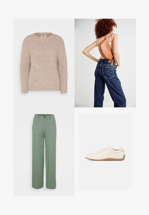 Beige strikket sweater med rund hals, ribbet tekstur og lange ærmer. Fremstillet af blødt materiale, med en afslappet pasform og minimal detaljer.; Bredde bukser i et lys grønt stof med en glat tekstur. Har en frontlukning med knap og to sidelommer.; Hvid lædersneaker med en glat tekstur, rund tå og tonale syninger. Har en tanfarvet gummisål og snørebånds-lukning.; Brun læder rygsæk med et unikt buet design. Båret diagonalt, parret med højlivet blå denimjeans med gul syning.