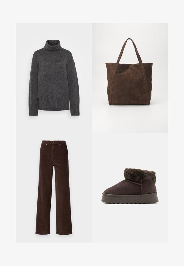 Hallikas kudumisturtleneck, millel on soonikkoes, pikad varrukad ja mugav lõige. Materjal näeb välja pehme ja paks. Alumine äär on sirge.; Vero Moda VMTESSA WIDE PANTS - Püksid - chocolate torte; Pruun nahast pahkluu saapad kunstkarvakaelusega, ümar varvas ja tekstureeritud kummitald. Omab lihtsat õmblust ja madalat profiili.; Pruunest nahast kott pikade käepidemetega, millel on lihtne, ilma kaunistusteta disain ning peened õmblusdetailid õmblustes.