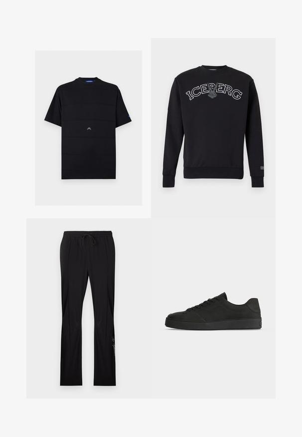 Sweat-shirt noir à manches longues avec texte "ICEBERG" en contour blanc et un logo lapin gris au centre, doté de poignets et d'un ourlet côtelés.; T-shirt noir à manches courtes avec col rond, petit logo blanc "A-CW" centré sur le devant et étiquette bleue sur le col et la manche gauche.; Pantalon noir à jambes droites avec taille élastique et cordon de serrage, présentant des coutures verticales discrètes et un texte logo sur la partie inférieure de la jambe gauche.; Baskets basses noires avec un design à lacets et une semelle épaisse, vues de côté sur un fond clair uni.