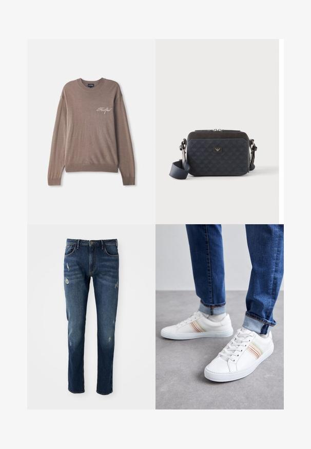 Brauner Strickpullover mit langen Ärmeln und Rundhalsausschnitt. Verfügt über ein kleines gesticktes Logo auf der Brust sowie gerippte Bündchen und Saum.; Dunkelblaue Jeans aus Denim mit slim fit, leichten Abnutzungen an den Oberschenkeln und Knien, klassischem Fünf-Taschen-Design und Knopfverschluss.; Weiße Leder-Sneaker mit mehrfarbigen Streifen, Schnürdesign, Gummisohle und gepolstertem Kragen, kombiniert mit blauen Jeans.; Rechteckige dunkelblaue Umhängetasche mit verstellbarem Riemen, Reißverschluss und subtilem Logomuster auf der Vorderseite.