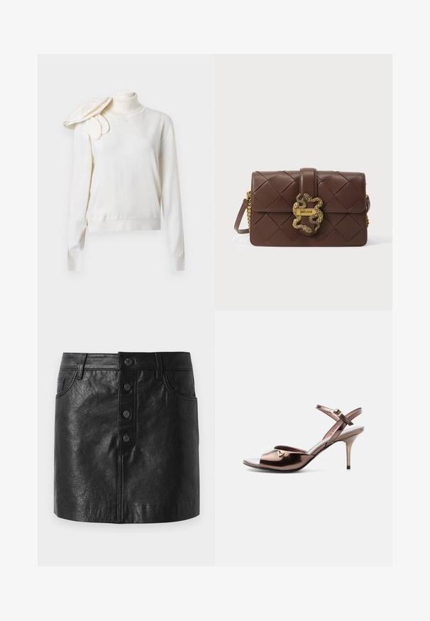 Pull col roulé crème avec un corsage ajusté, des manches longues et un accent drapé décoratif sur l'épaule gauche. Texture lisse.; Jupe en cuir noir avec une taille haute, fermeture à bouton sur le devant, deux poches latérales et une forme légèrement évasée. Fini texturé.; Sandale à talon haut métallique bronze à bout ouvert avec bride cheville et petit embellissement cœur doré sur le côté.; Sac à bandoulière en cuir tressé marron avec fermoir en forme de serpent doré et bandoulière chaîne, marqué Just Cavalli sur la plaque du fermoir.