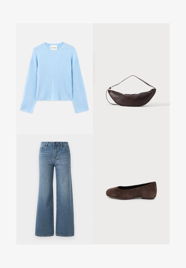 Hellblauer gerippter Pullover mit rundem Halsausschnitt und langen Ärmeln, der ein strukturiertes Muster und einen verkürzten Schnitt aufweist. Markenlabel innen sichtbar.; Hellblaue, weit geschnittene Denim-Jeans mit hoher Taille, Knopf- und Reißverschluss sowie Fronttaschen.; Brauner Wildleder-Flachschuh mit abgerundetem Zeh und niedrigem Absatz, Seitenansicht vor einfachem hellem Hintergrund.; Dunkelbraune Leder-Schultertasche in Halbmondform mit gebogenem Riemen und sichtbarer Naht auf schlichtem Hintergrund.