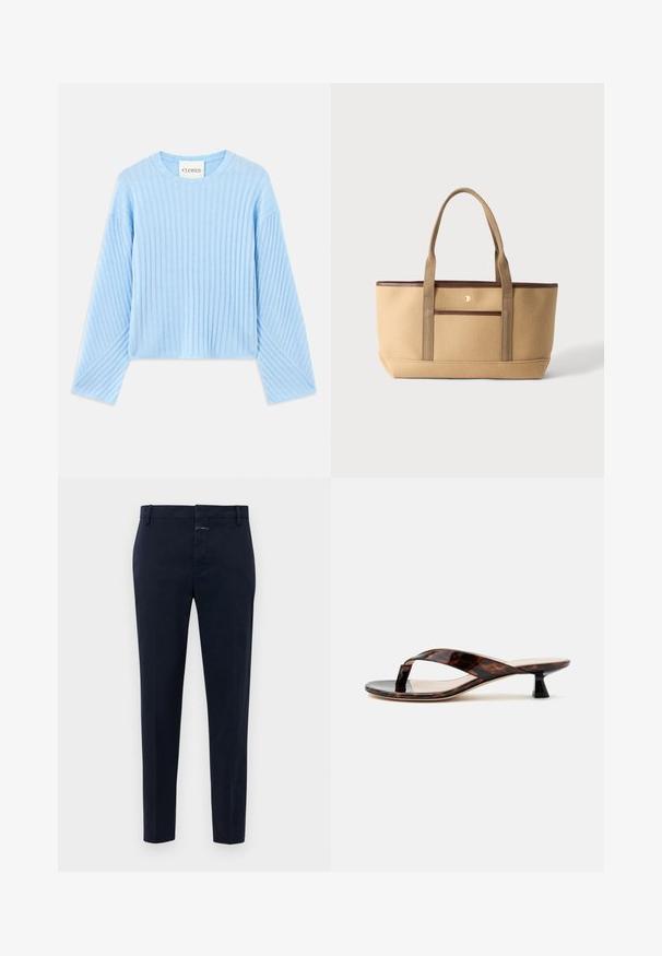 Hellblauer gerippter Pullover mit rundem Halsausschnitt und langen Ärmeln, der ein strukturiertes Muster und einen verkürzten Schnitt aufweist. Markenlabel innen sichtbar.; Marineblaue Slim-Fit-Hosen für Herren mit Gürtelschlaufen und Reißverschluss, vor einem schlichten weißen Hintergrund präsentiert.; Braune Schildpatt-Kitten-Heel-Sandale mit Zehensteg und quadratischer Spitze auf einfachem hellen Hintergrund.; Beige Tragetasche mit braunen Besätzen, zwei langen Stoffgriffen und einer Fronttasche vor hellem Hintergrund.