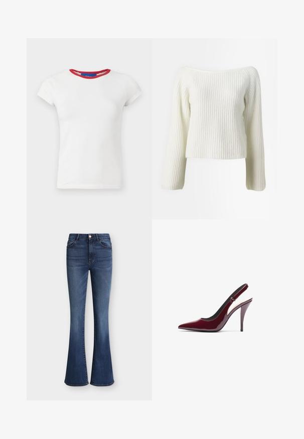 Witte geribbelde gebreide trui met lange mouwen en een off-the-shoulder decolleté, met een gestructureerde stof en een cropped ontwerp.; Wit aansluitend T-shirt met korte mouwen, een ronde donkerrode halslijn en een merkembleem binnenin de kraag.; Donkerblauwe denim jeans met een hoge taille, knoopsluiting voor, ritssluiting, en een smalle pasvorm door de dijen die vanaf de knie uitloopt.; Bordeaux gepatenteerd leren slingback pump met een spitse neus, hoge stilettohak en een strakke, gladde textuur. Verstelbare banddetail.