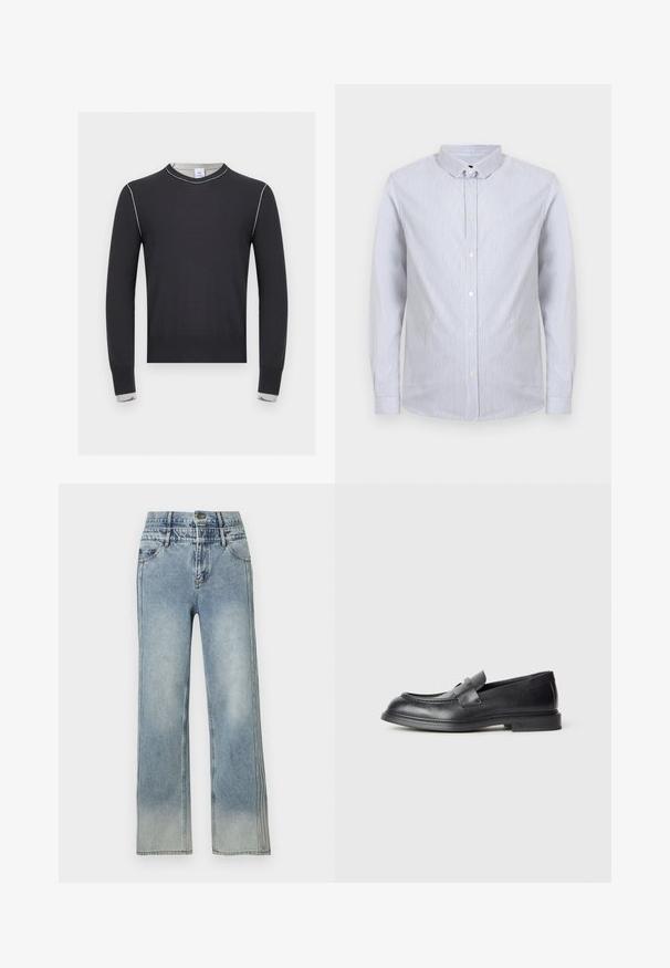 Pull noir à manches longues avec des surpiqûres blanches le long des épaules et des poignets, avec un col rond et un ourlet et des poignets côtelés.; Chemise pour homme à manches longues avec boutons, rayures verticales fines blanches et bleues, col pointu sur fond clair.; Jean bleu clair taille haute à jambes droites avec poches avant, fermeture par bouton et zones subtilement délavées sur les cuisses et les jambes.; Mocassins en cuir noir avec une finition texturée, dotés d'une bride décorative à l'avant et d'un bout arrondi. Semelle en caoutchouc pour plus de durabilité.