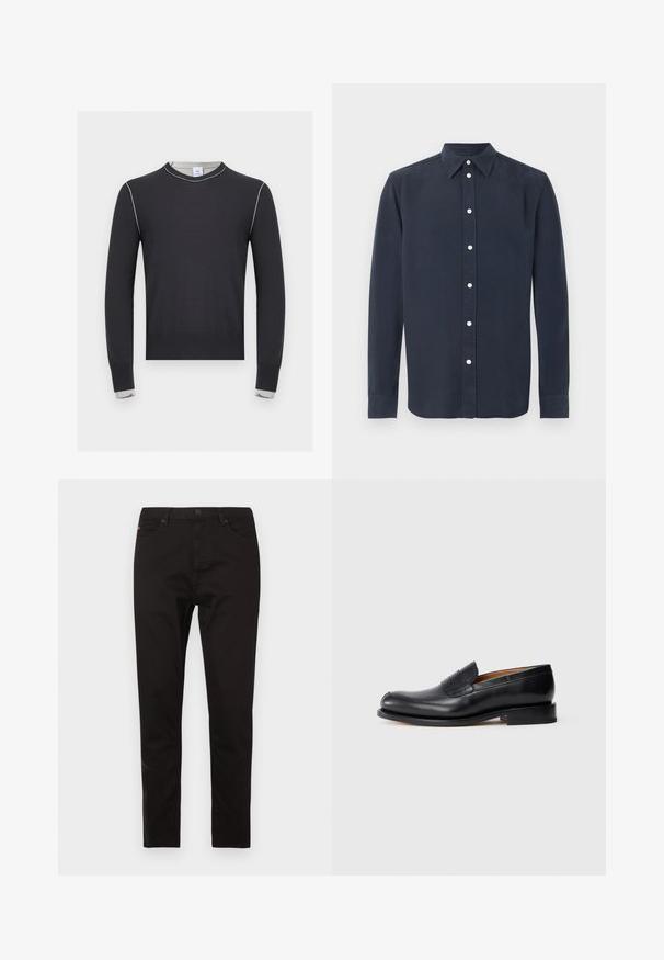 Pull noir à manches longues avec des surpiqûres blanches le long des épaules et des poignets, avec un col rond et un ourlet et des poignets côtelés.; Chemise bleu marine foncé à manches longues avec boutons blancs et col pointu, présentée sur un fond clair uni.; Pantalon noir en tissu mélange de coton. Coupe slim avec design à cinq poches, doté d'une fermeture à bouton et zip sur le devant.; Mocassin en cuir noir avec une finition lisse, bout arrondi et un petit rabat à l'avant. Caractérisé par un petit talon noir uni et des accents de design minimaux.