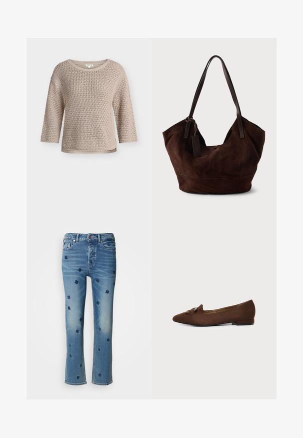 Beige gebreide trui met textuurpatroon, ronde halslijn en driekwart mouwen, weergegeven op een effen lichte achtergrond.; Lichtblauwe denim jeans met rechte pijpen, voorzien van marineblauwe bloemenborduurwerk en wassing-effecten nabij de zakken en de zoom.; Bruine platte schoen met puntige neus en decoratief gespdetail bovenop, tegen een effen lichte achtergrond.; Bruine suède handtas met een zachte, slungelige vorm. Voorzien van leren handvatten en een tagaccent. Eenvoudige textuur met gebogen naden.